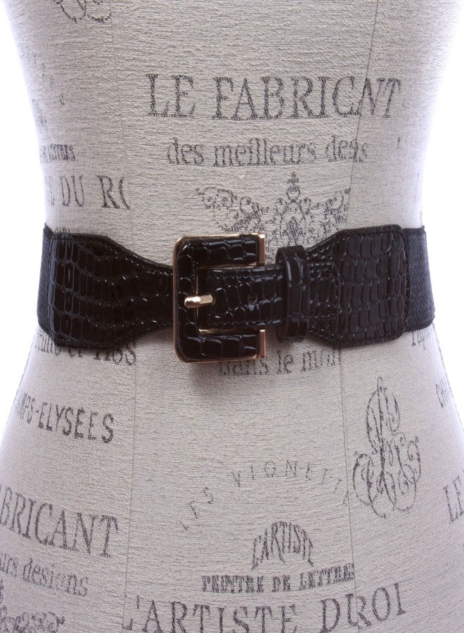 Beltiscool 1 1/2" Ladies High Waist Fashion Croco Print Stretch Belt, Black | s/m 25" - 32" - Image 2